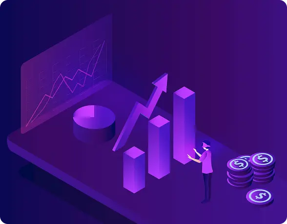 Isometric analytics scene with a bar chart and coins, showing market analysis in Snaptrader AI