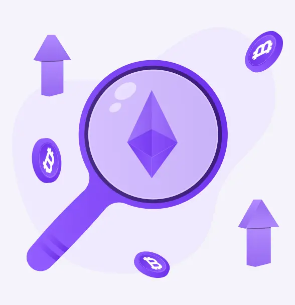 Magnifying glass with Ethereum and upward arrows, illustrating market research with Snaptrader AI